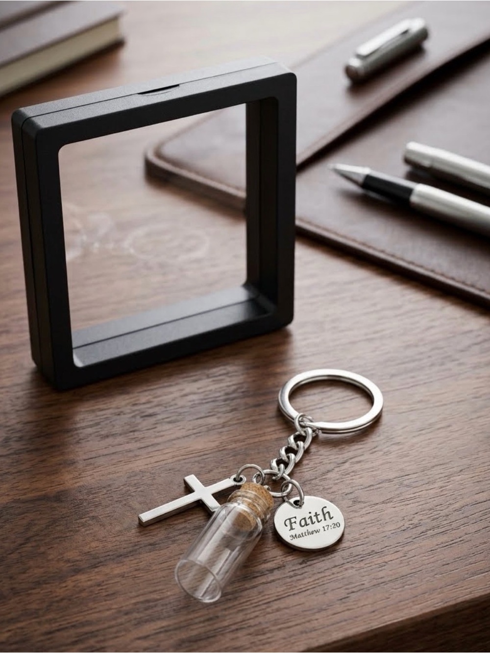 Bundle Faith Charm Keychain with Glass Vial and Cross - Silver and black holder